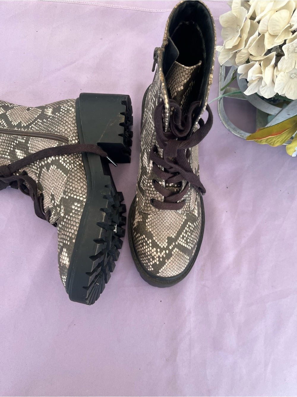Women's Snake-Print Lace-Up Combat Boots - Taupe